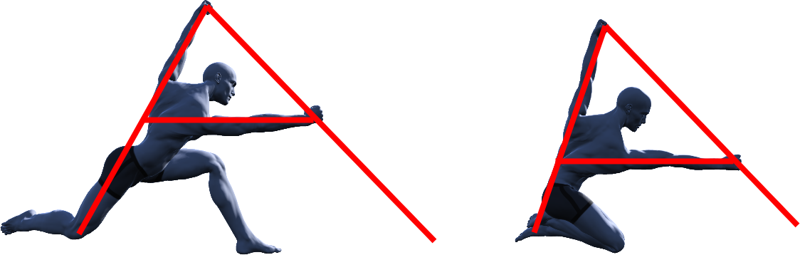 Diagrams of models forming the A frame position in high kneel and low kneel canoe technique