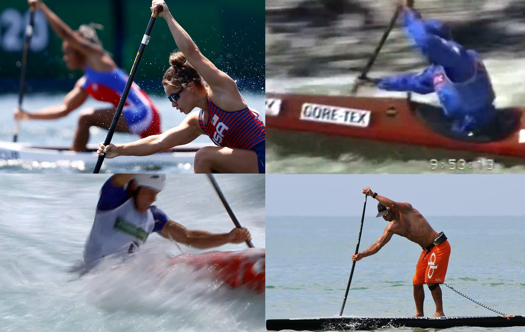 Photos of elite canoeists demonstrating the A frame shape in sprint canoe, wildwater racing canoe, stand up paddleboard, and slalom canoe