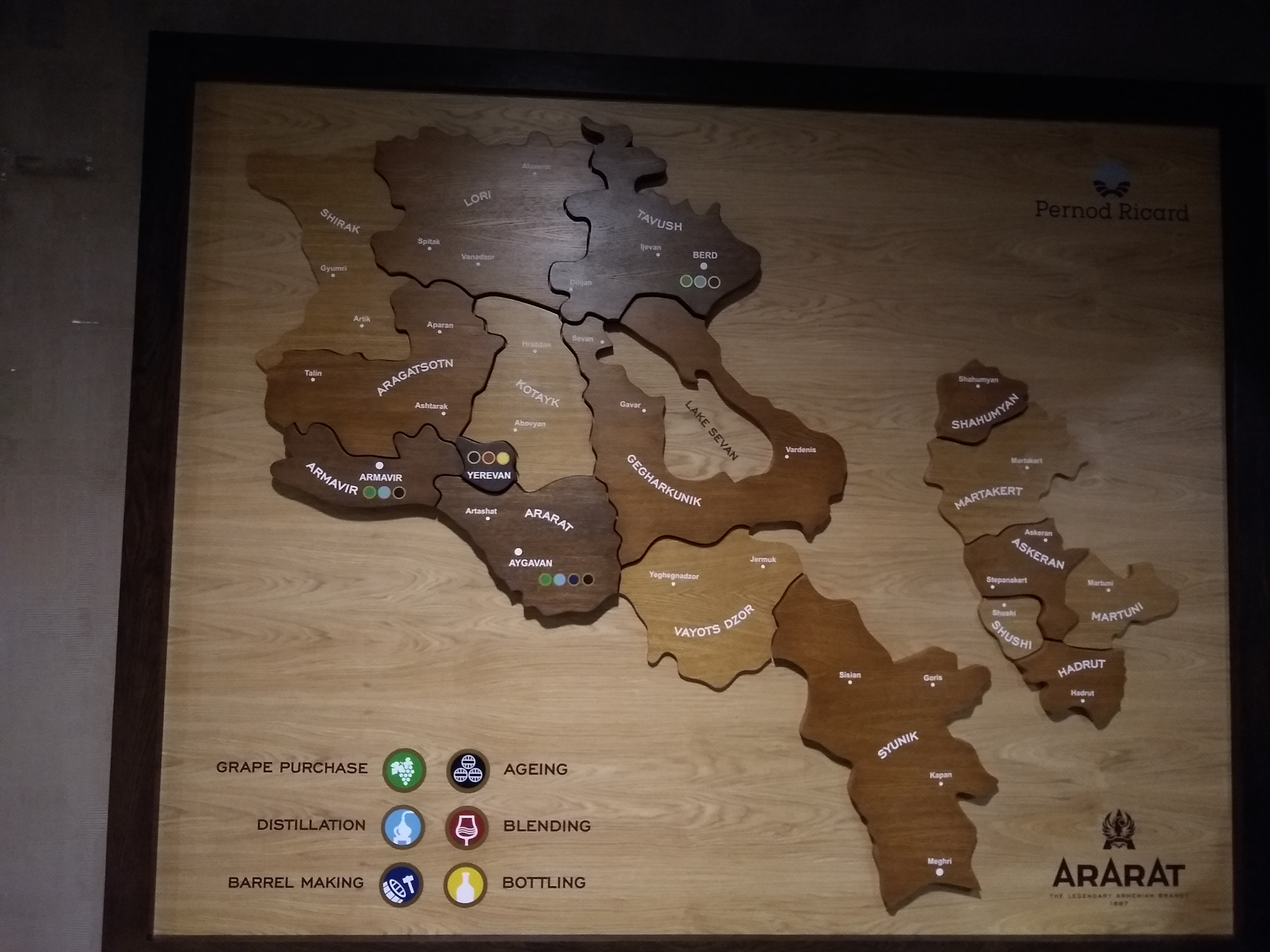 Photo of a map of Armenia showing where different processes in the production of the brandy happen in the country of Armenia
