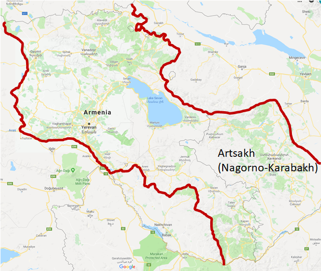 A map of Armenia showing highlighted red borders between Armenia and Azerbaijan in the east and south west, and Turkey in the west