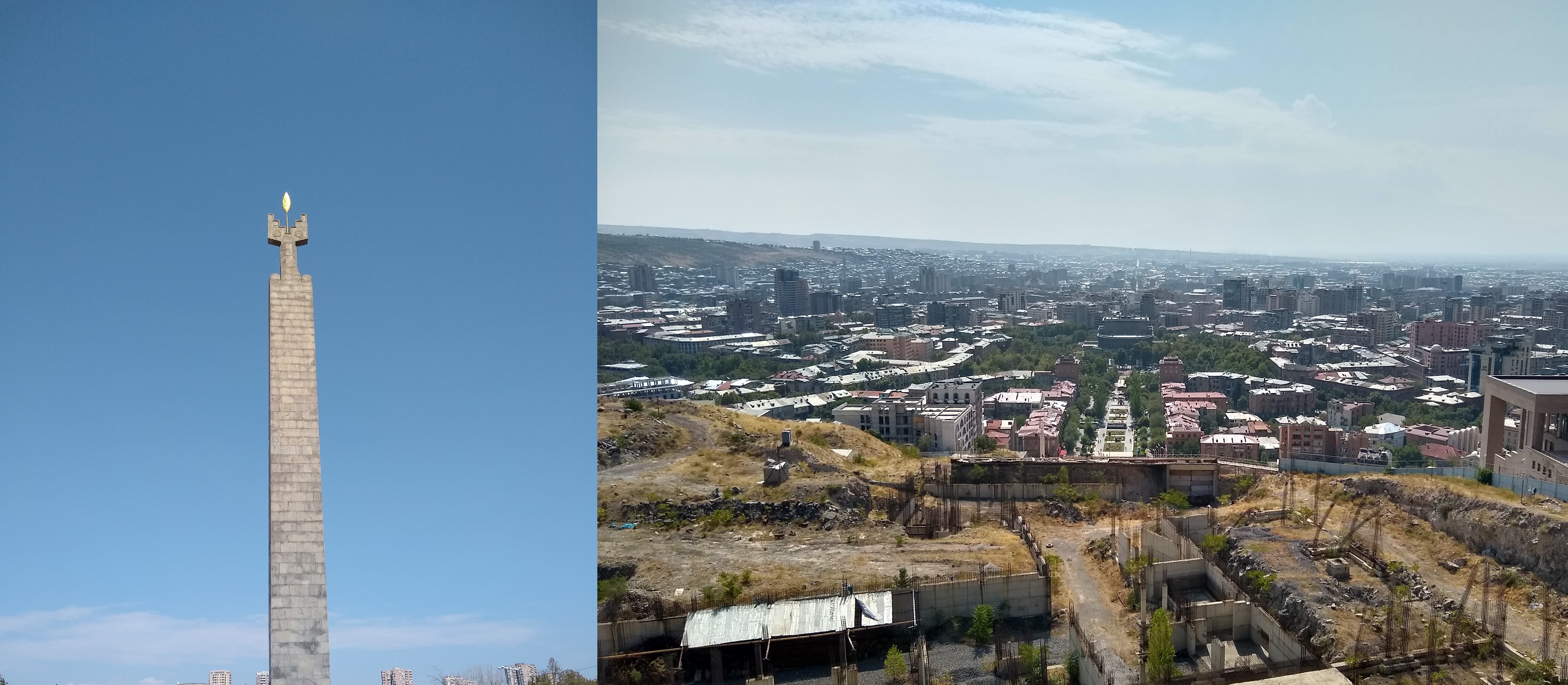 A photo of a large spire shaped monument in the sky, and the skyline looking out over a city.
