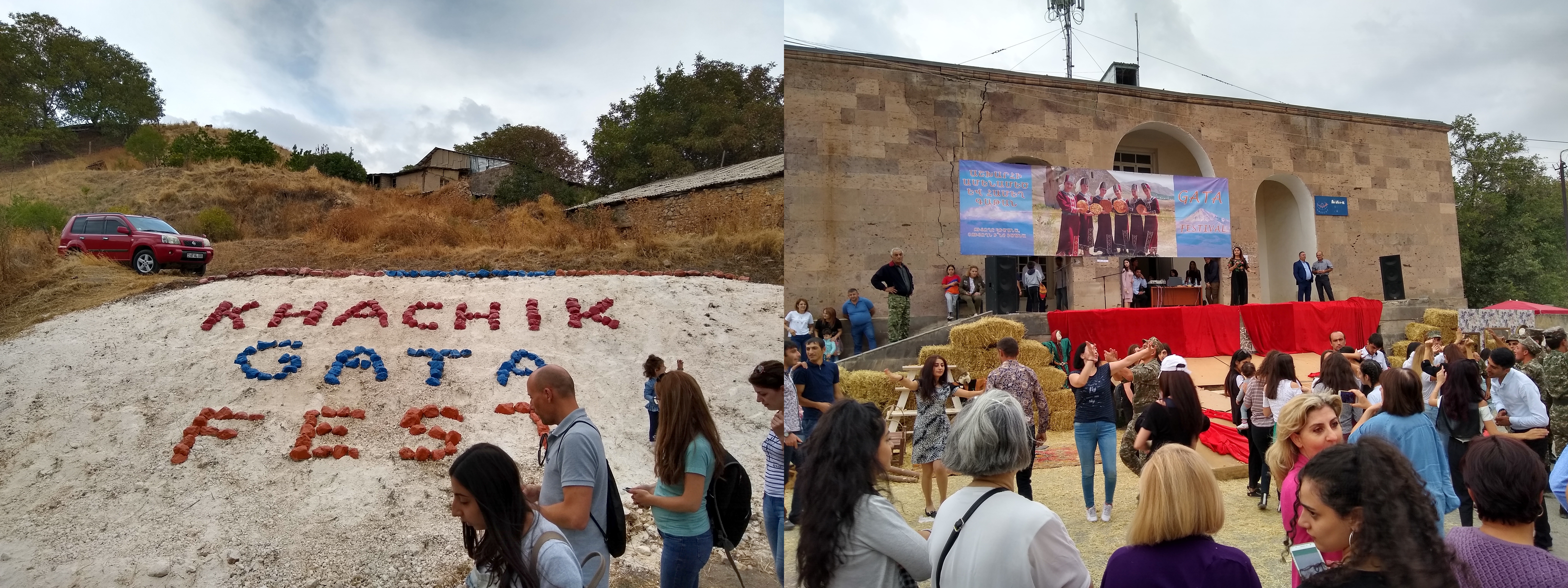 Photo of a wall with rocks spelling Khachik Gata Festival, and a photo of building with people in the foreground