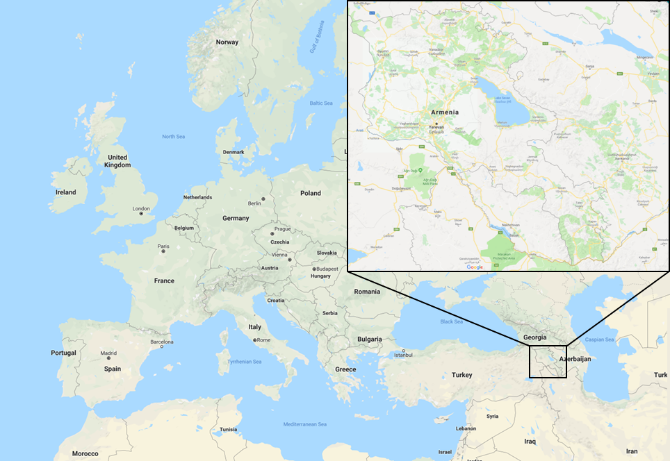 Map of Europe with Armenia magnified, showing its location in the Caucasus mountains in far eastern Europe.