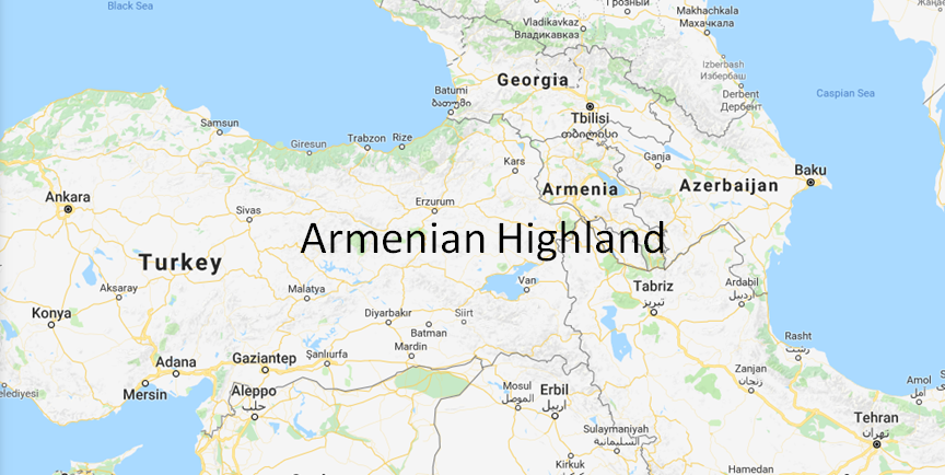 A map on Anatolia and the Middle East showing roughly the region which corresponds to the Armenian highland, where the Armenian people originate from.