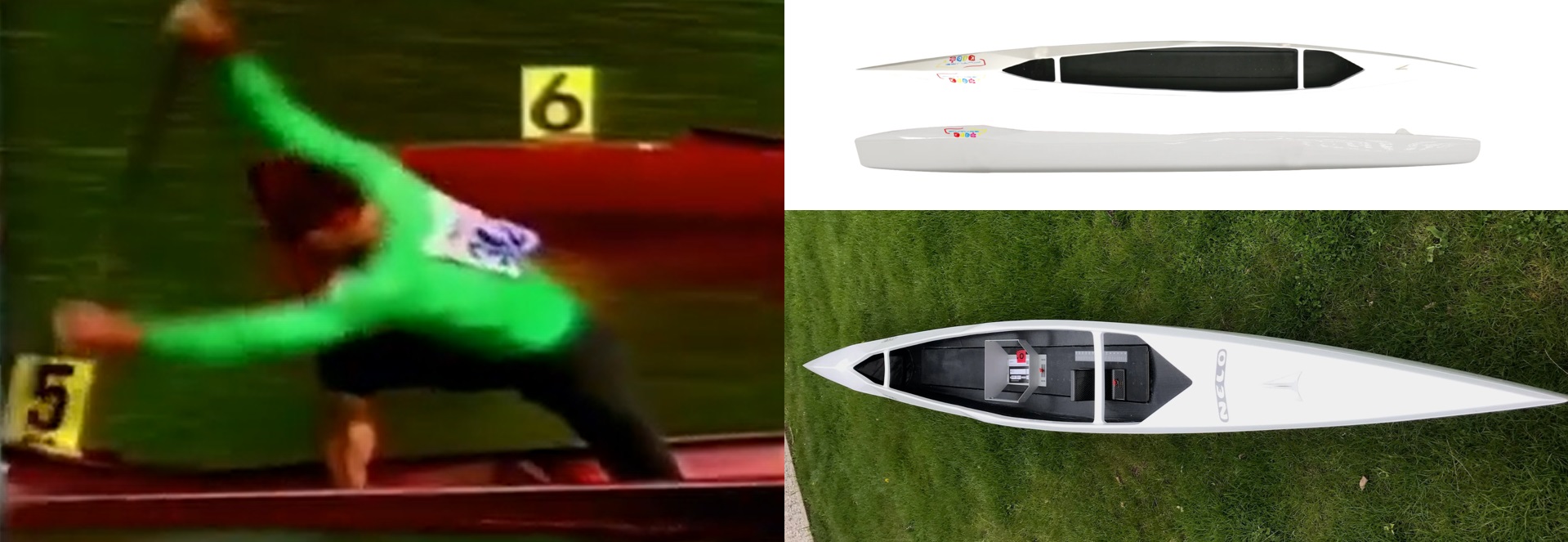 Photo of a physically large canoeist, and a variety of canoe designed for young child