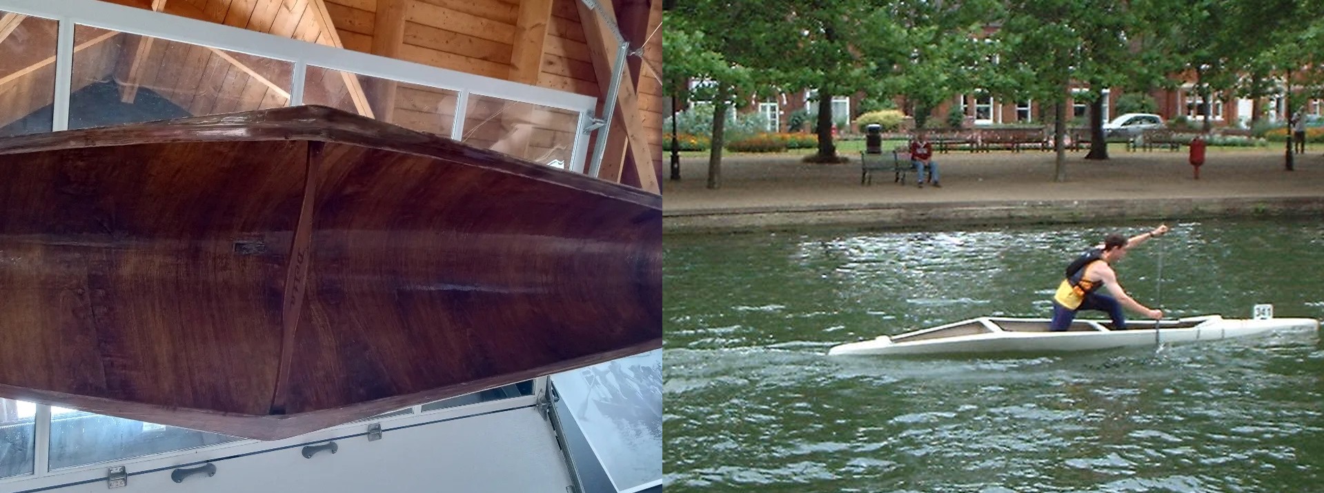 Photos of a wooden Delta shaped canoe at a canoe museum, and someone paddling a composite Delta shaped canoe