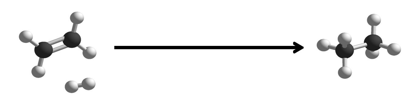 Pictures of molecule models showing the hydrogenation of double bonds.