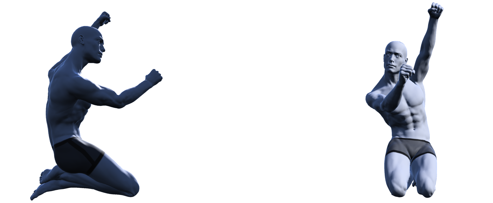 Models from side on and face on views demonstrating the end of the stroke and blade extraction in low kneel canoe technique