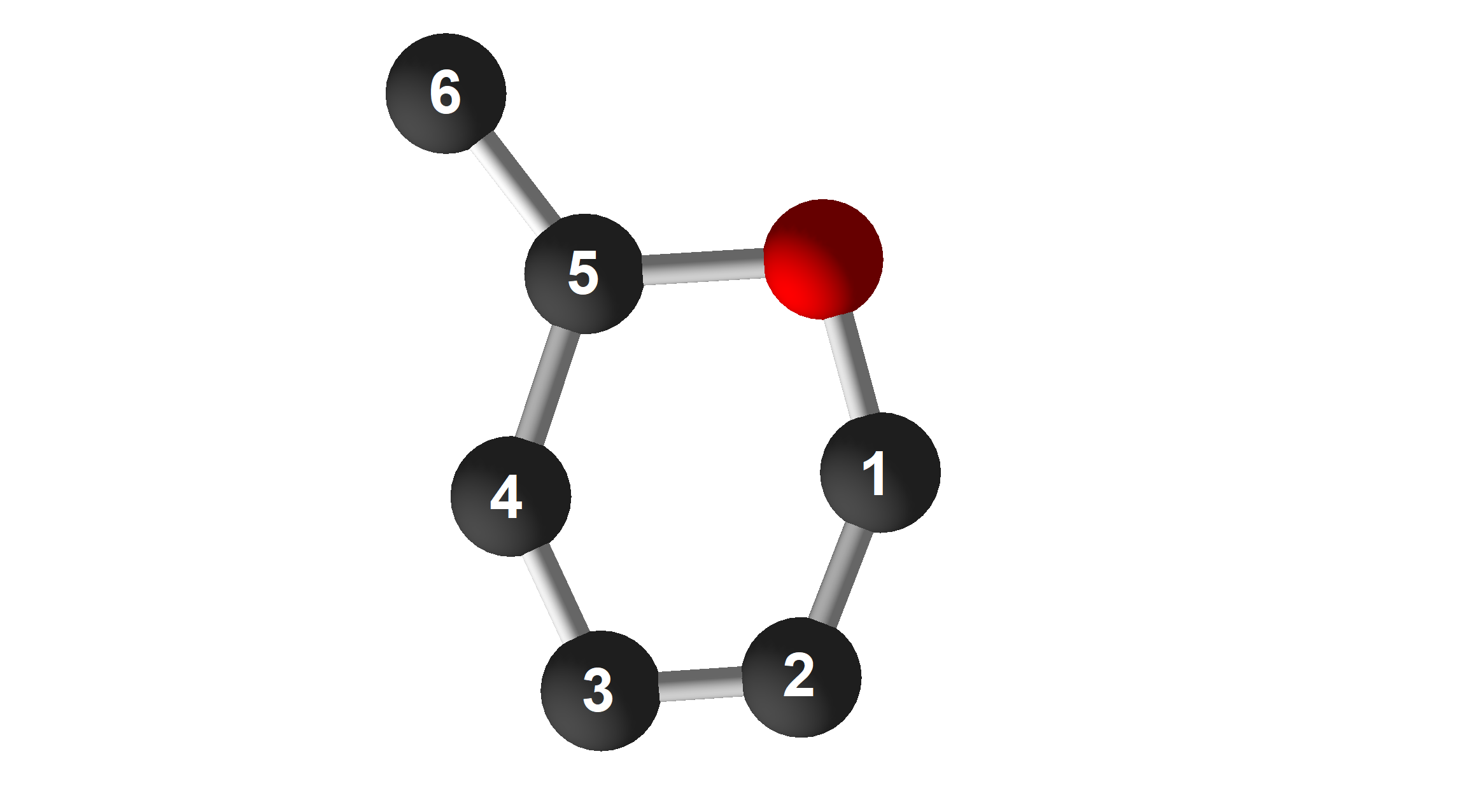 Picture of a molecular model of a sugar molecule, with its atoms numbered 1 to 6