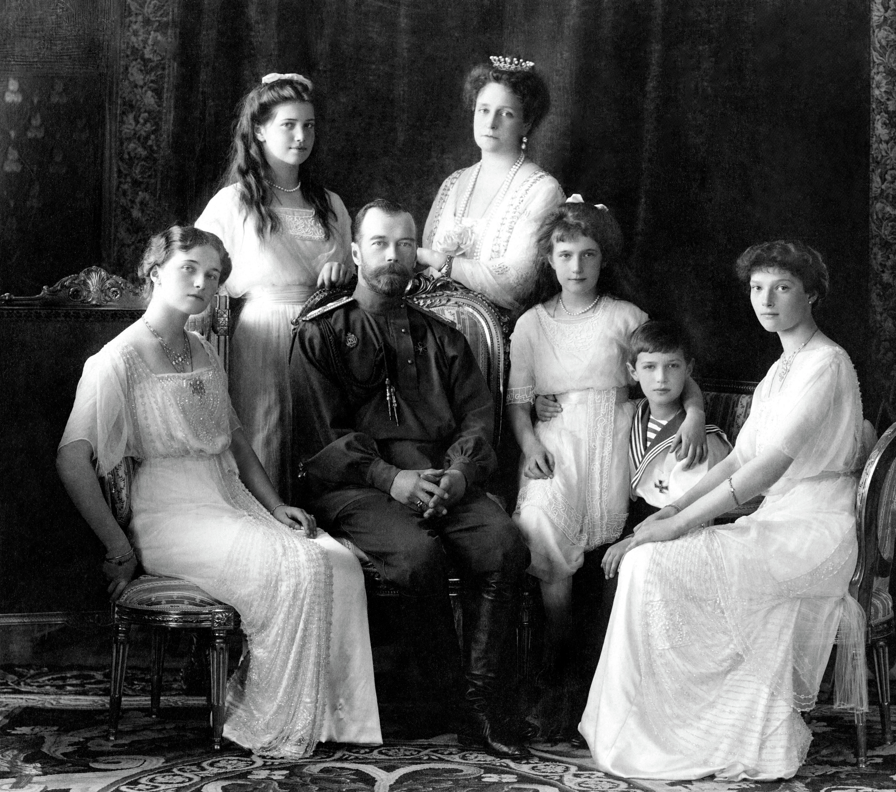 Black and white photo of the Romanov family