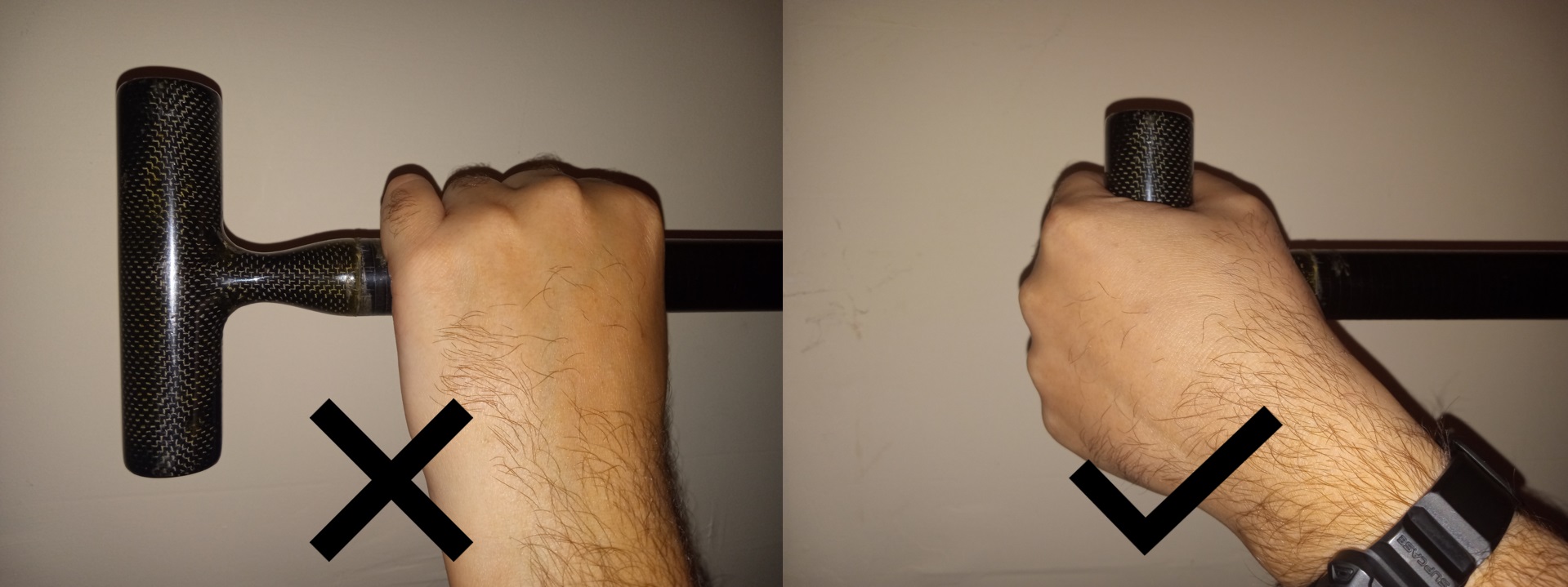 Photos of how to correctly and incorrectly hold onto the T-grip of a canoe paddle